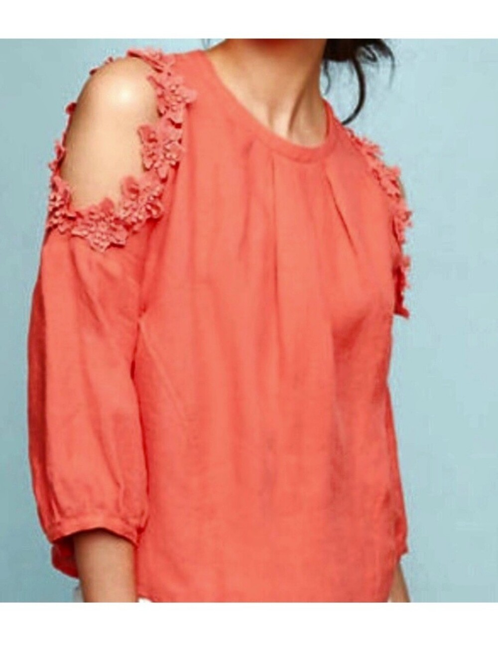 Anthripologie Eri+Ali Coral Cold-Shoulder Linen Applique Crochet Lace